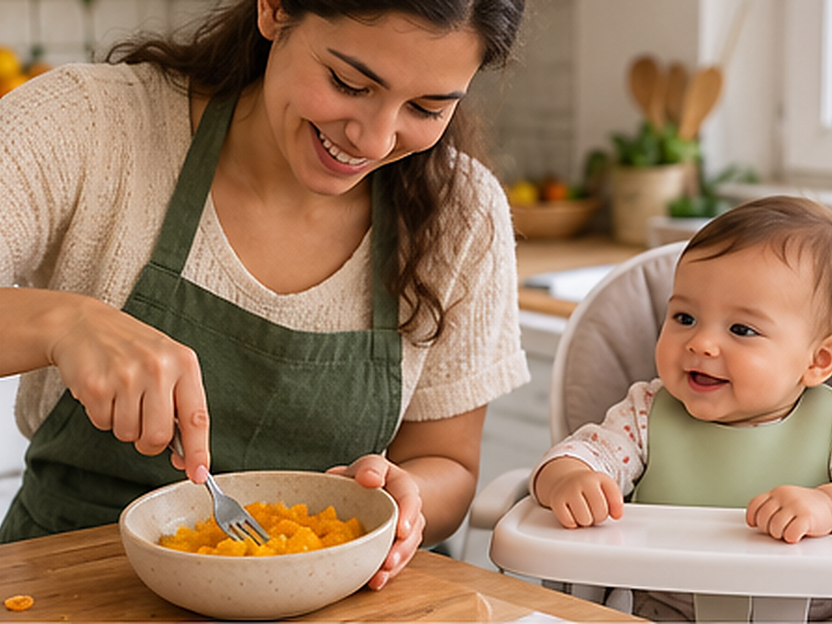 Mãe numa cozinha clara amassando abóbora com um garfo numa tigelinha, com o bebê de 6 a 8 meses na cadeirinha de alimentação ao lado, olhando curioso