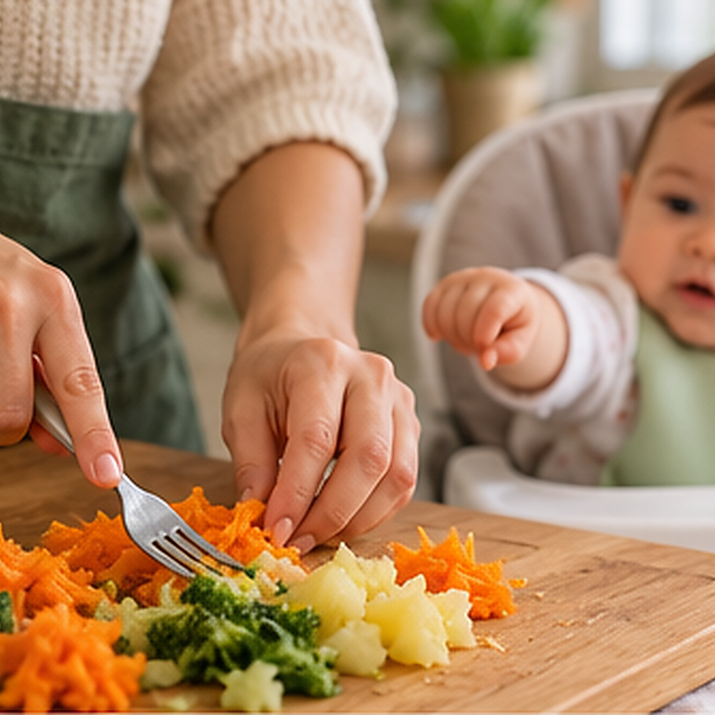 Mãe amassando legumes cozidos no garfo sobre uma tábua de madeira, com o bebê na cadeirinha estendendo a mãozinha