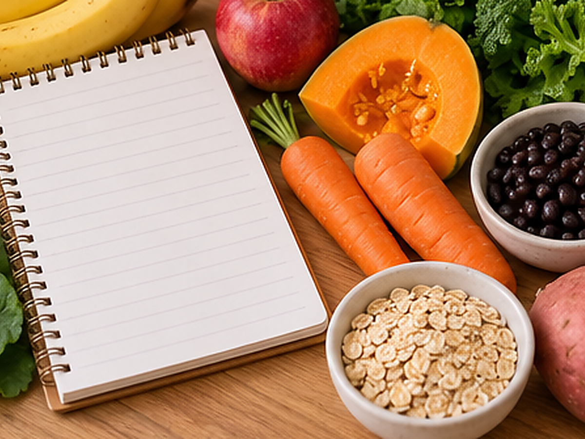 Lista de compras ao lado de frutas e legumes frescos