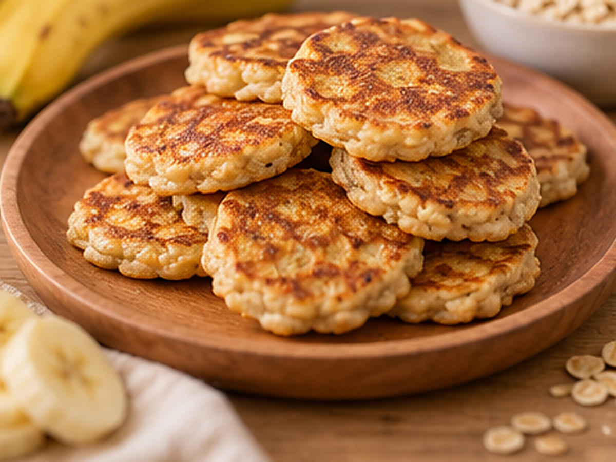 Panquequinhas de banana e aveia empilhadas num pratinho