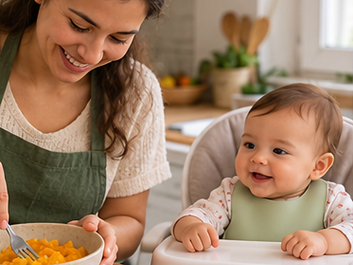 Bebê na cadeirinha, com o rosto sujo de papinha laranja, sorrindo para a mãe que oferece a colher