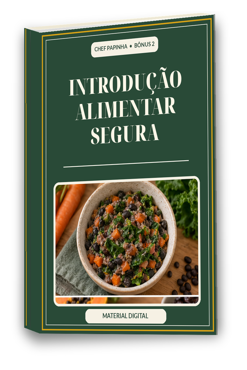 Capa verde do e-book Introdução Alimentar Segura com um bebê na cadeirinha de alimentação