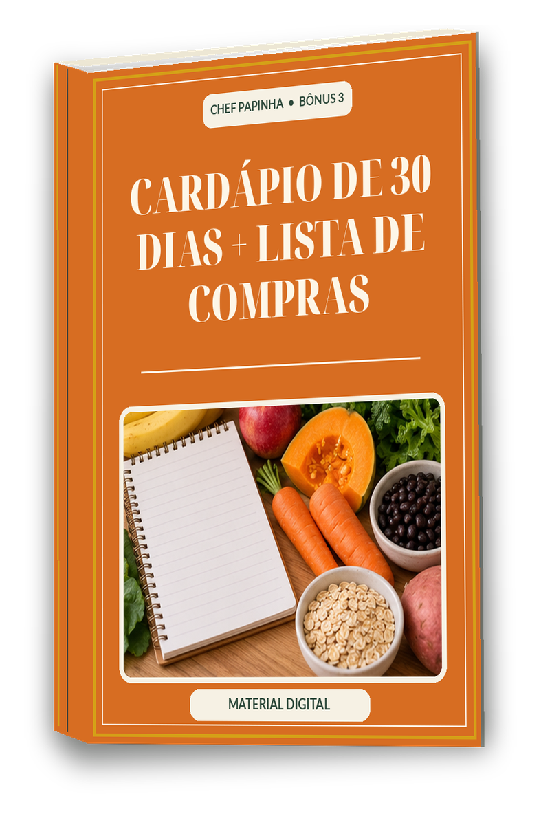 Capa laranja do e-book Cardápio de 30 dias mais Lista de Compras com potinhos de papinha