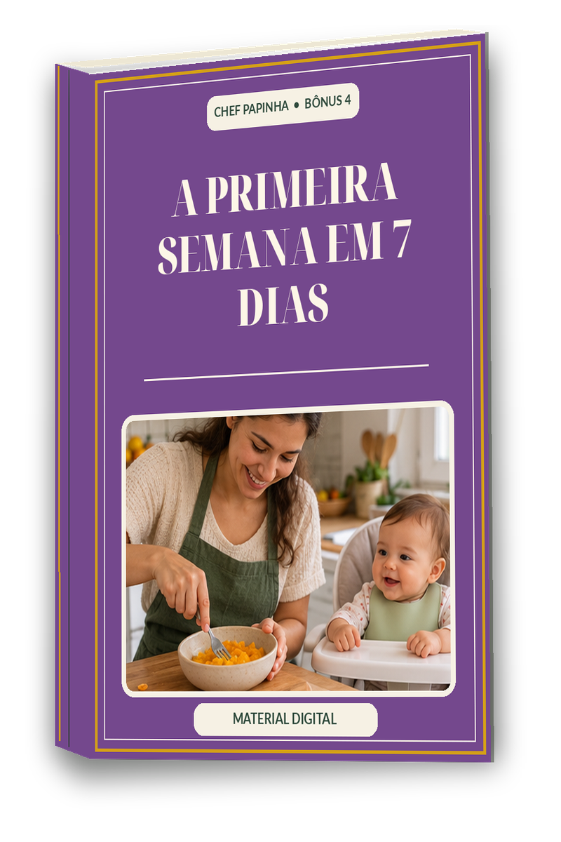 Capa roxa do e-book A Primeira Semana em 7 dias com uma colher de silicone e uma tigelinha