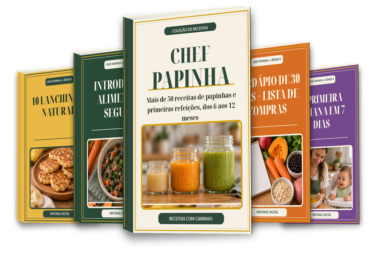 Mockup do kit Chef Papinha Completo em 3D, com o livro principal e os 4 bônus