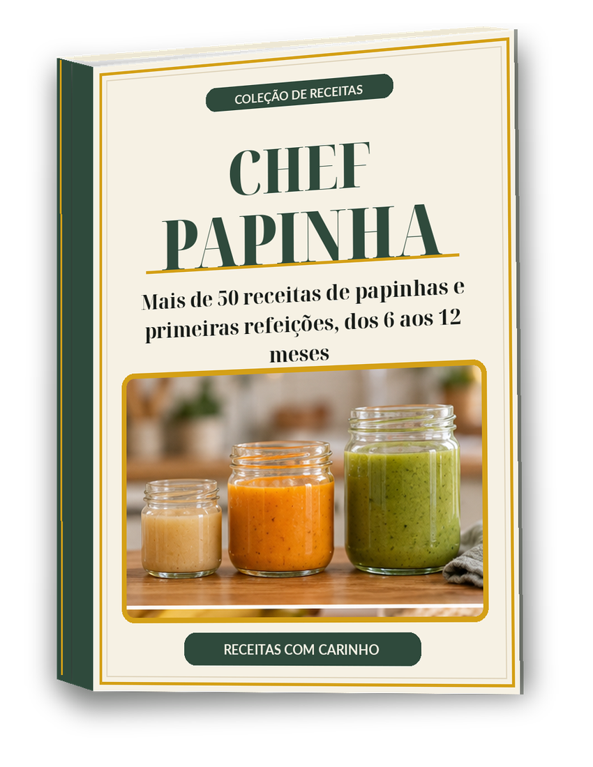 Mockup do e-book Chef Papinha Essencial em 3D, capa creme com folhas